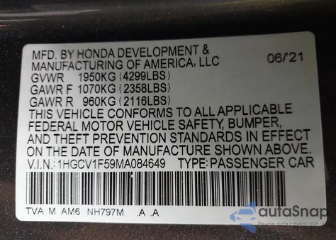 2021 Honda Accord Ex-L z USA, uszkodzony, nr VIN 1HGCV1F59MA084649